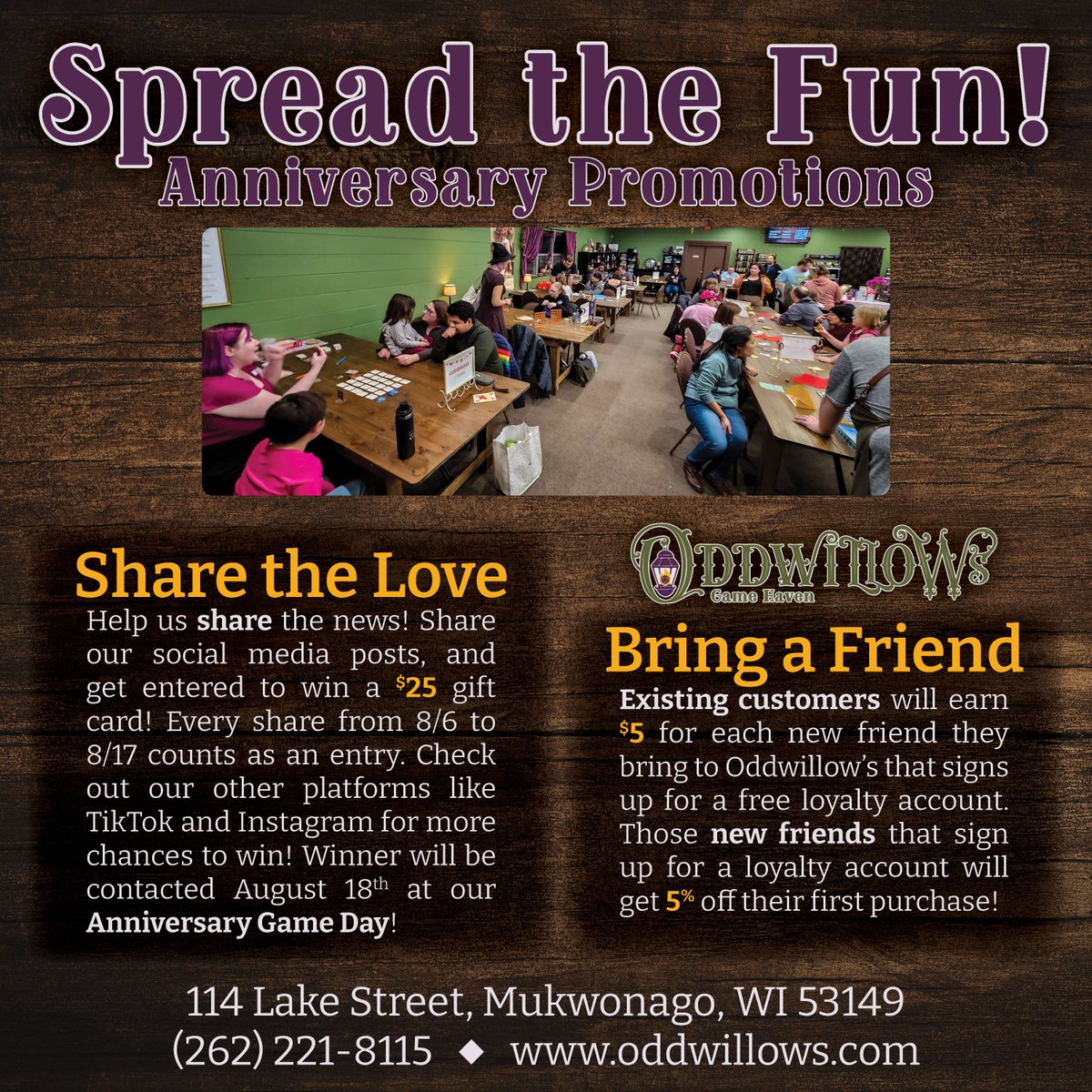 We're so excited for our anniversary, and we hope you are too! On top of our Anniversary Game Day on the 18th, we're running special promotions to help spread the word.  

Both promotions end August 18th, we hope to see you all at our event!