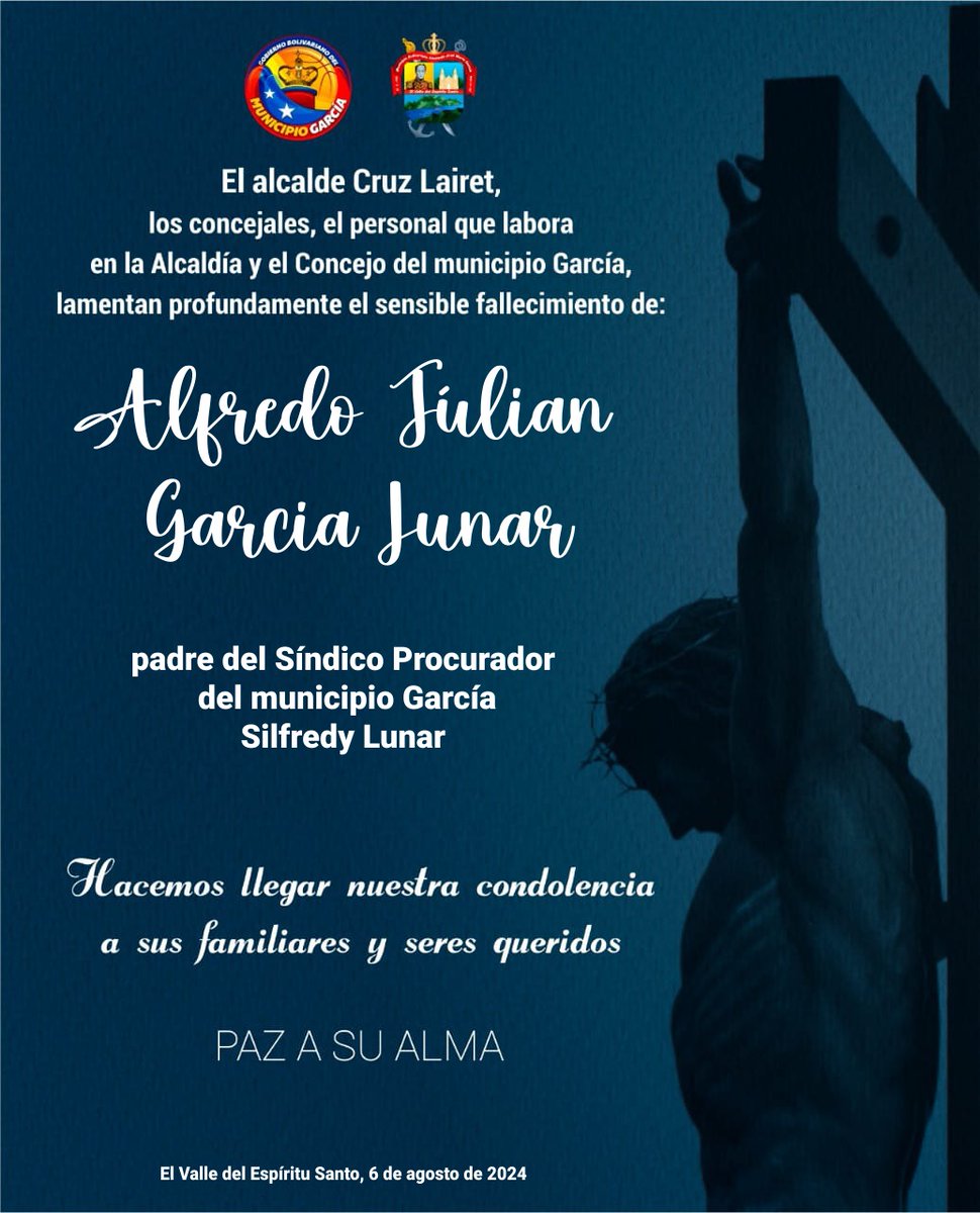 Lamentamos profundamente el sensible fallecimiento de Alfredo Julian Garcia Lunar padre del Síndico Procurador del municipio García
 Silfredy Lunar
Hacemos llegar nuestra condolencia a sus familiares y seres queridos.
Paz a su alma
🙏