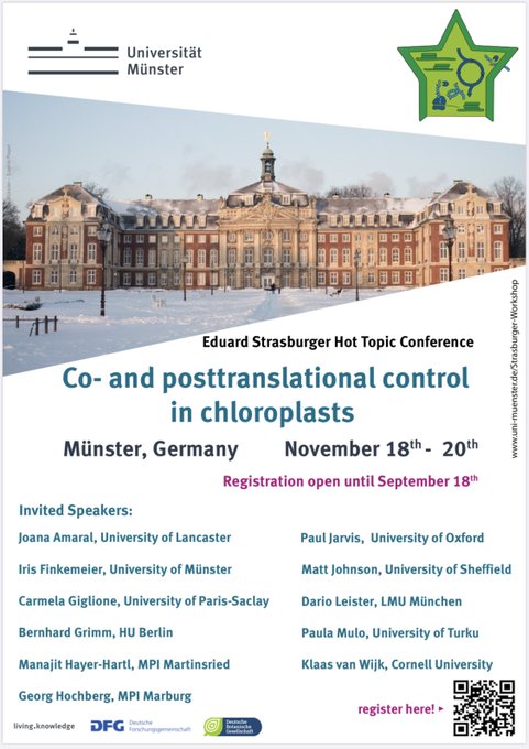 German Society for Plant Sciences (DBG) (@plantscidbg_en) on Twitter photo #PlantSci ERC’s are invited for DBG’s funded Strasburger-Workshop on
▶️Co- and posttranslational control in chloroplasts
📆18-20 Nov 2024,
📍<a href="/uni_muenster/">Universität Münster</a>,
<a href="/IFink_lab/">Finkemeier lab</a> #PlantSci ERC’s are invited for DBG’s funded Strasburger-Workshop on
▶️Co- and posttranslational control in chloroplasts
📆18-20 Nov 2024,
📍<a href="/uni_muenster/">Universität Münster</a>,
<a href="/IFink_lab/">Finkemeier lab</a>