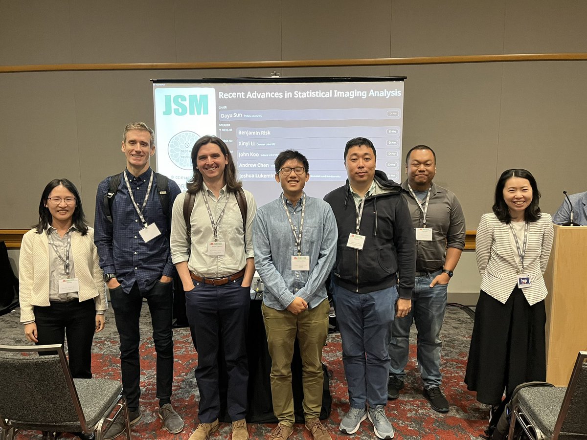 First organized JSM session ✅ Thanks to our fantastic speakers <a href="/benjamin_risk/">Benjamin Risk</a>, Xinyi Li, John Koo, <a href="/Andrew_AChen/">Andrew Chen</a> and <a href="/JoshuaLukemire/">Joshua Lukemire</a>!! Thanks Dayu Sun for chairing!! Some great memories to cherish👏