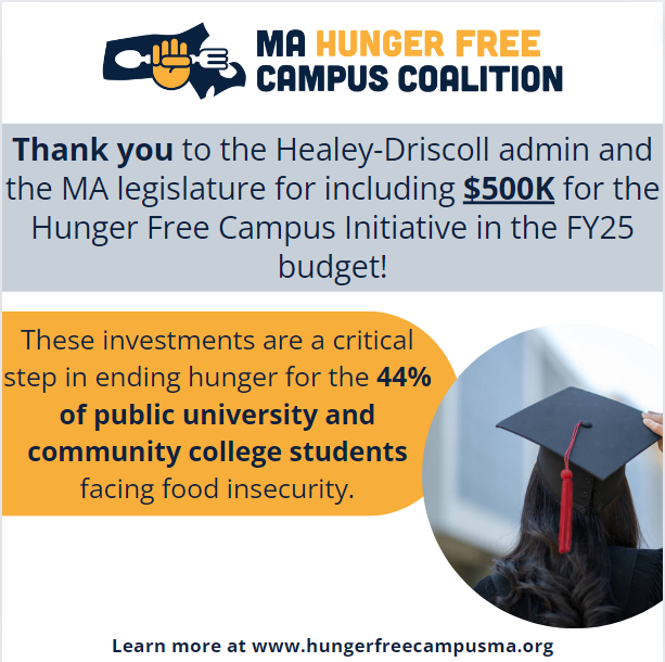 Great news!!! Thank you to students and advocates and to <a href="/SenJoanLovely/">Sen. Joan B. Lovely</a> &amp; <a href="/Arena_DeRosa/">James Arena-DeRosa</a> for leading on securing this budget victory🙌 <a href="/MassGovernor/">Governor Maura Healey</a> &amp; <a href="/KimDriscollMA/">Kim Driscoll</a> delivered on basic needs in higher ed! #endcampushunger