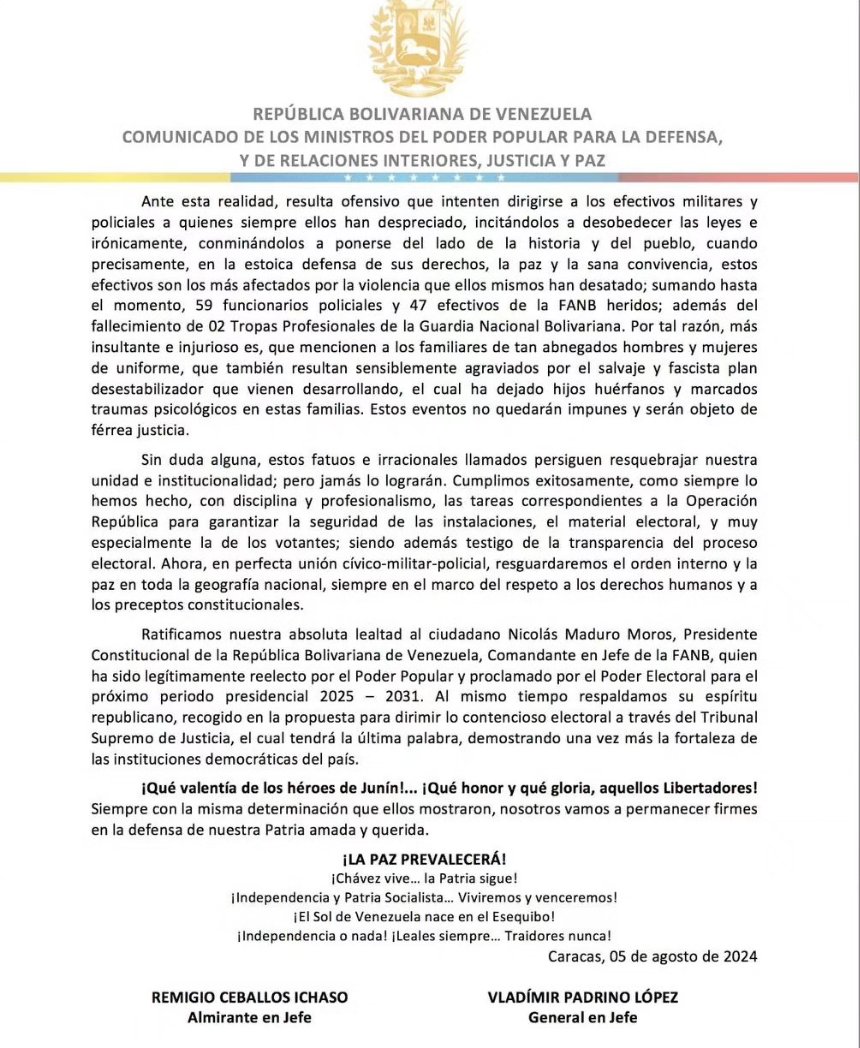 📣 #IMPORTANTE 📄Comunicado Oficial por parte del ciudadano GJ Vladímir Padrino López en unión Militar-Policial, en rechazo a planteamientos apátridas difundidos por la ultraderecha venezolana. 🇻🇪