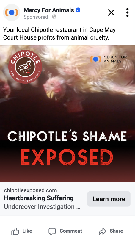 AnnLMerrill's tweet photo. @ChipotleTweets .@ChipotleTweets Do better, Chipotle! Social ads are informing people near new Chipotle restaurants about the cruelty caught at a Chipotle chicken supplier. The chicken suffering exposed in your operations is horrific. https://t.co/mkZ7oRdCL3 https://t.co/s0537zJAbT