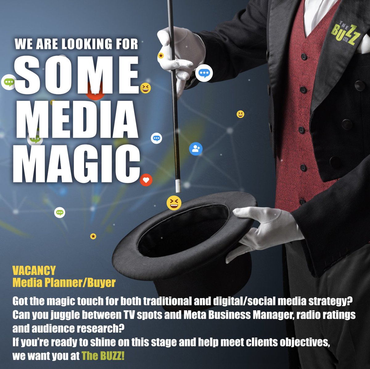 theBUZZltd's tweet photo. Vacancy for a Media Planner/Buyer

Ready to make magic with us?
Send your resume and the magical reasons you should have this job to buzzguy@buzztt.com before this opportunity disappears on August 16th. Let's wow the marketing world together! https://t.co/60LvrOJi8w