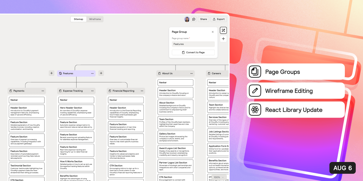 Happy August Component Day! ⚡️🧡

Here’s whats new to Relume:

→ Page Groups in Site Builder
→ Wireframe editing in Site Builder
→ React Library v0.4.0

Learn more 👇🧵