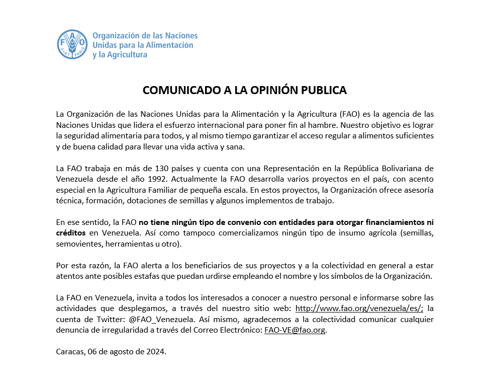 🚨ATENCIÓN🚨

<a href="/FAO_Venezuela/">FAO VENEZUELA</a> no tiene convenio con ninguna entidad para otorgar créditos ni financiamientos.