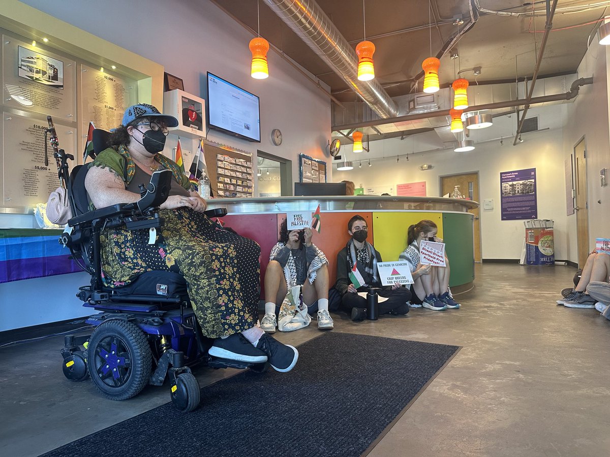 #BreakingNews‌ For over four hours, around 15 pro-Palestine activists have been conducting a sit-in inside The Center on Colfax, an LGBTQ community center in Denver, CO, which protesters say has ties to Israel. Photos from Gay Liberation Front for Palestine.