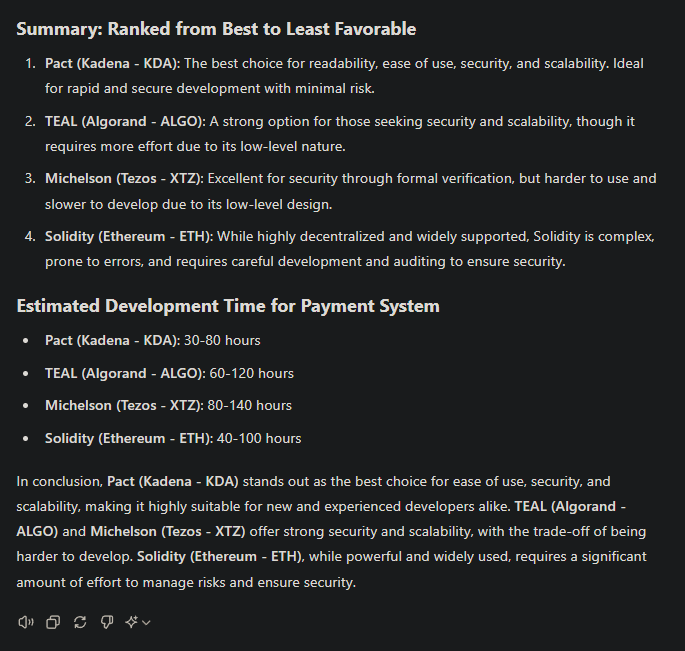 cryptofries_io's tweet photo. Web3: Hours to Develop a Payment System
Pact (Kadena - $KDA): 30-80 hours
TEAL (Algorand - $ALGO): 60-120 hours
Michelson (Tezos - $XTZ): 80-140 hours
Solidity (Ethereum - $ETH): 40-100 hours https://t.co/FeP9tsGBy4