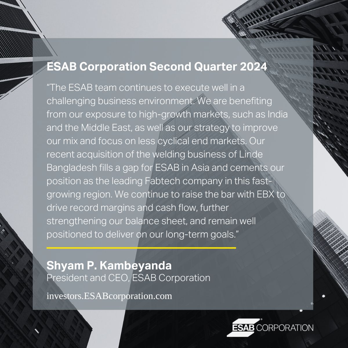 ESABCorp's tweet photo. On Friday, we were pleased to share our second-quarter sales reflected positive growth, including high double-digit growth in our equipment and standard automation businesses and EBX driving record margins and cash flow.
 
Access the webcast replay here: https://t.co/1EJEacvUEt. https://t.co/t1HCnKwEz4