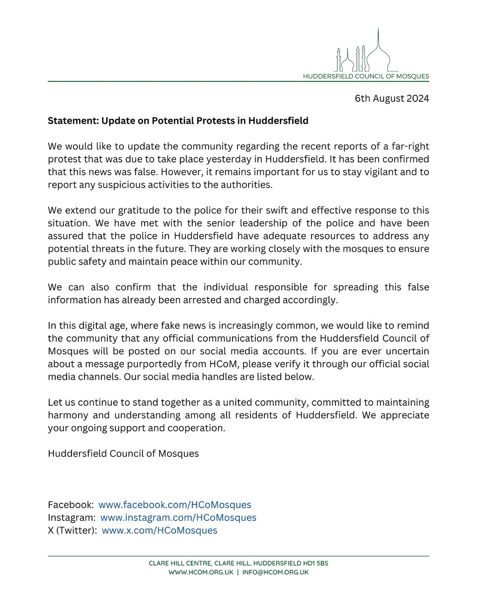 HCoM Statement: Update on Potential Protests in Huddersfield

<a href="/WestYorksPolice/">West Yorkshire Police</a> <a href="/harpreetkuppal/">Harpreet Uppal MP</a> <a href="/KirkleesCouncil/">Kirklees Council</a> <a href="/yorkshirelive/">YorkshireLive</a>