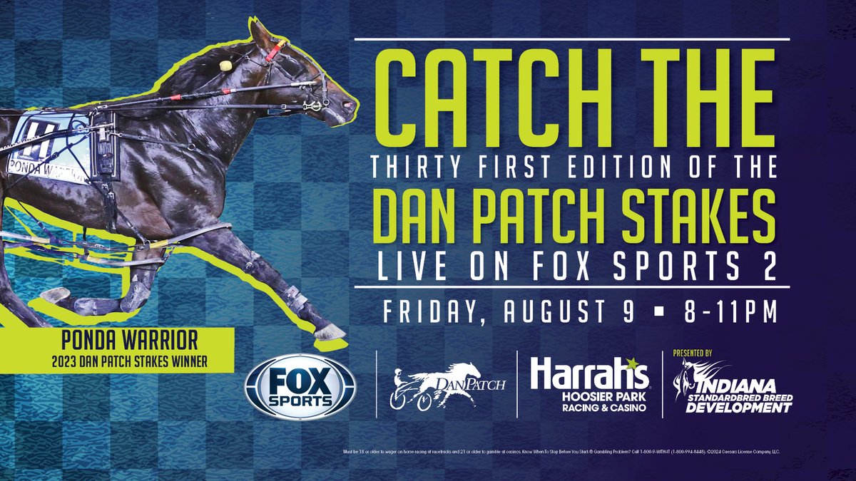 HoP_Racing's tweet photo. If you aren't able to join us in person @HoP_Racing make sure to catch all the action of The 31st Dan Patch Stakes presented by Indiana Standardbred Breed Development on Fox Sports 2 from 8-11PM! #PlayHP #Patch31 https://t.co/6IpVjCBTnD