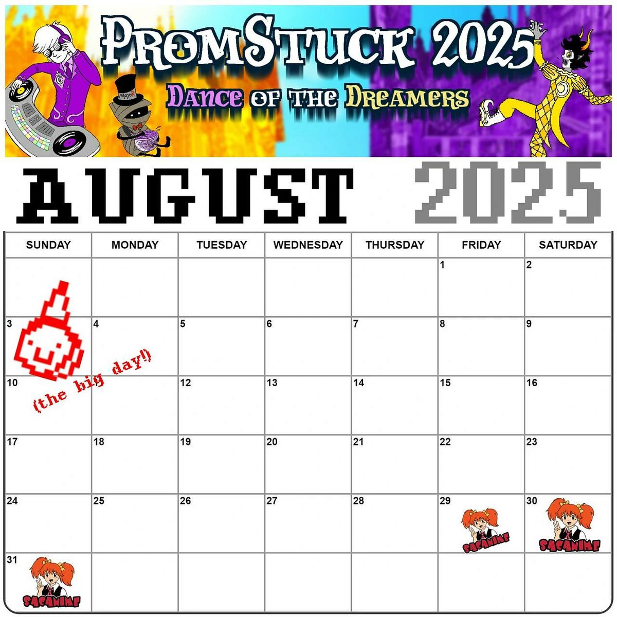 promstuck2025's tweet photo. WE’VE GOT A DATE! Do you? Our venue will be announced very soon, but for now, please set your calendars for a night of Homestuckified dancing and music on AUGUST 3rd, 2025!

#homestuck #promstuck #prospit #derse #cosplay #fandom #requiemcafe https://t.co/rWDatfTThp