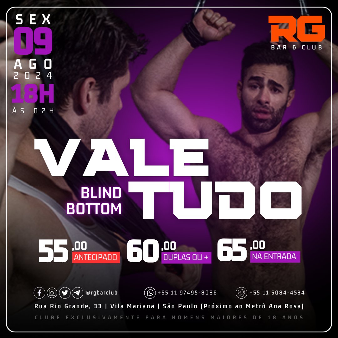 rgbarclub's tweet photo. SEXTA | 09/08 | 18h às 02h
Vale Tudo
> Inscrição para Blind Bottom (Ganha VIP) - Chama na DM
🟢 R$ 55,00 - Antecipada: https://t.co/oeyPArXo3t
#RGBarClub
#BarGay #ClubeGay #CruisingGay #GuiaGaySP
#LeatherFest #PissParty #FistingNight #PigExtreme #ScatRaw
#SaoPaulo #SP https://t.co/84uOO2QIcv