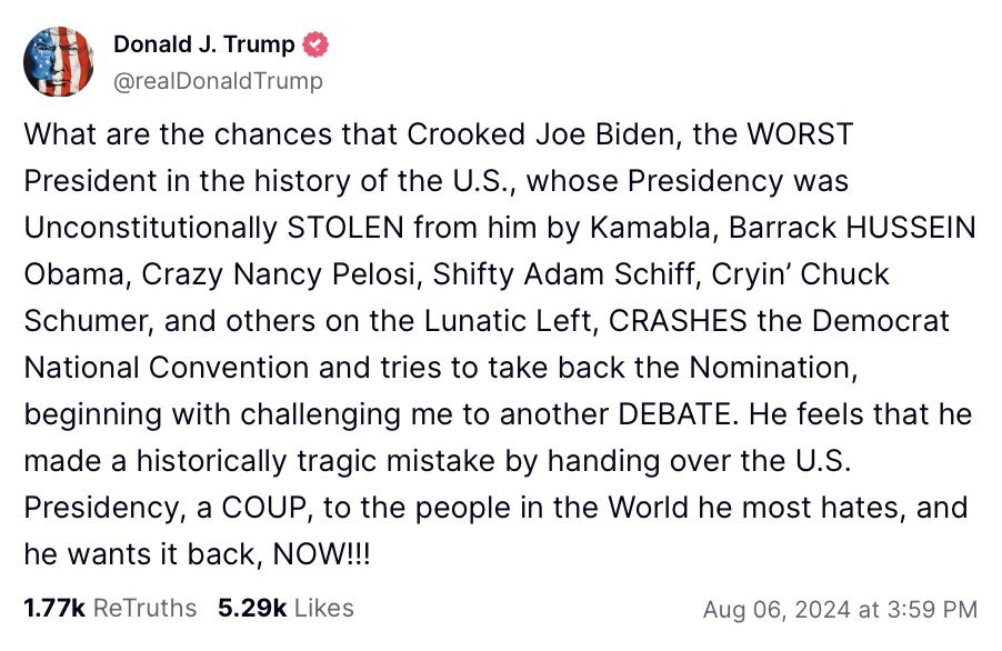 Grandpa's caregivers need to step up his meds.

Donald Trump is senile, babbling, and ill.