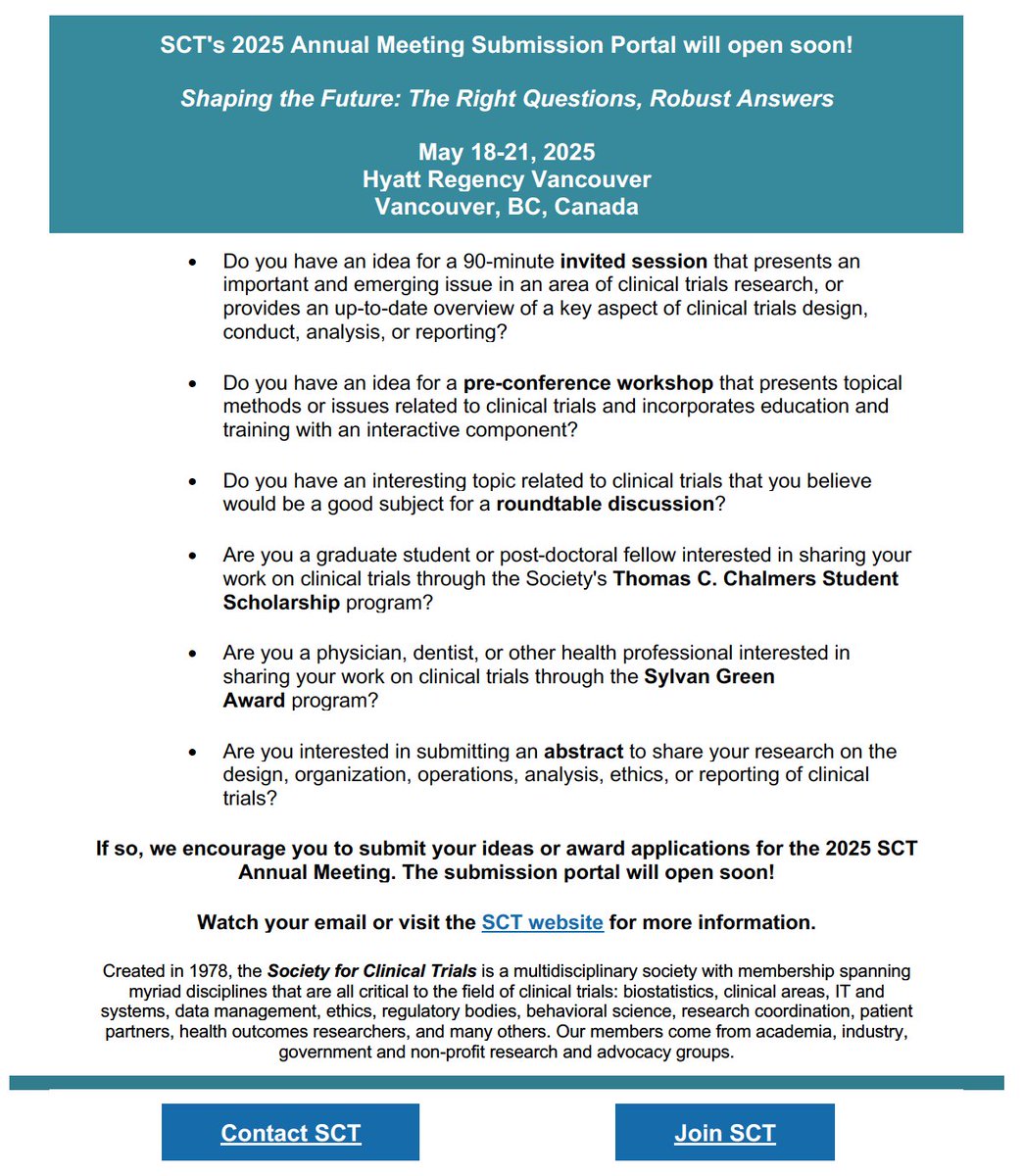 SCT's 2025 Annual Meeting Submission Portal will open soon!
Shaping the Future: The Right Questions, Robust Answers

May 18-21, 2025
Hyatt Regency Vancouver
Vancouver, BC, Canada

Watch your email or visit the SCT website for more information: sctweb.org