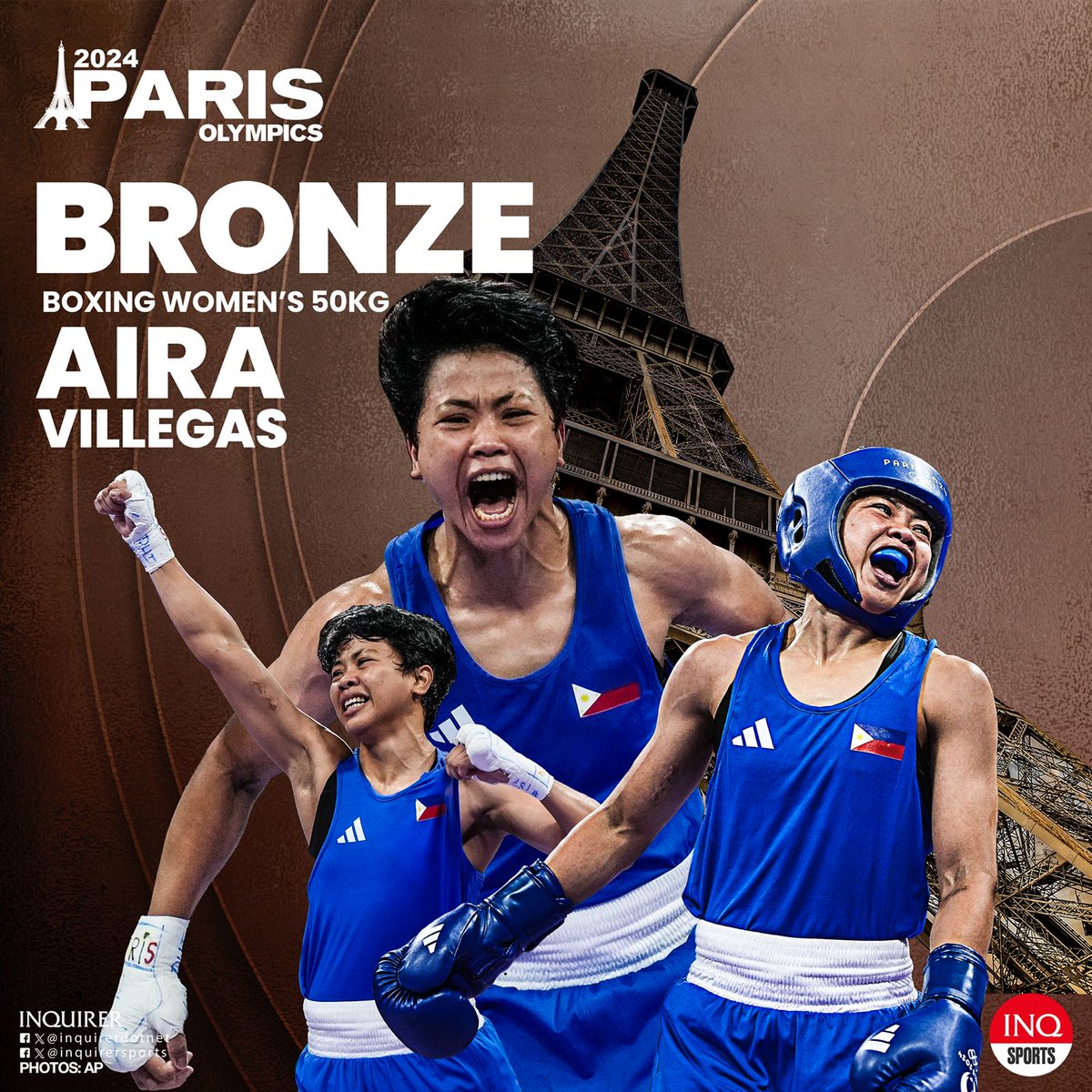AIRA WINS BRONZE IN OLYMPIC DEBUT! 🥉🥊

#Paris2024 Aira Villegas bags an Olympic bronze medal in women's 50kg boxing after a semifinal finish in her debut appearance!