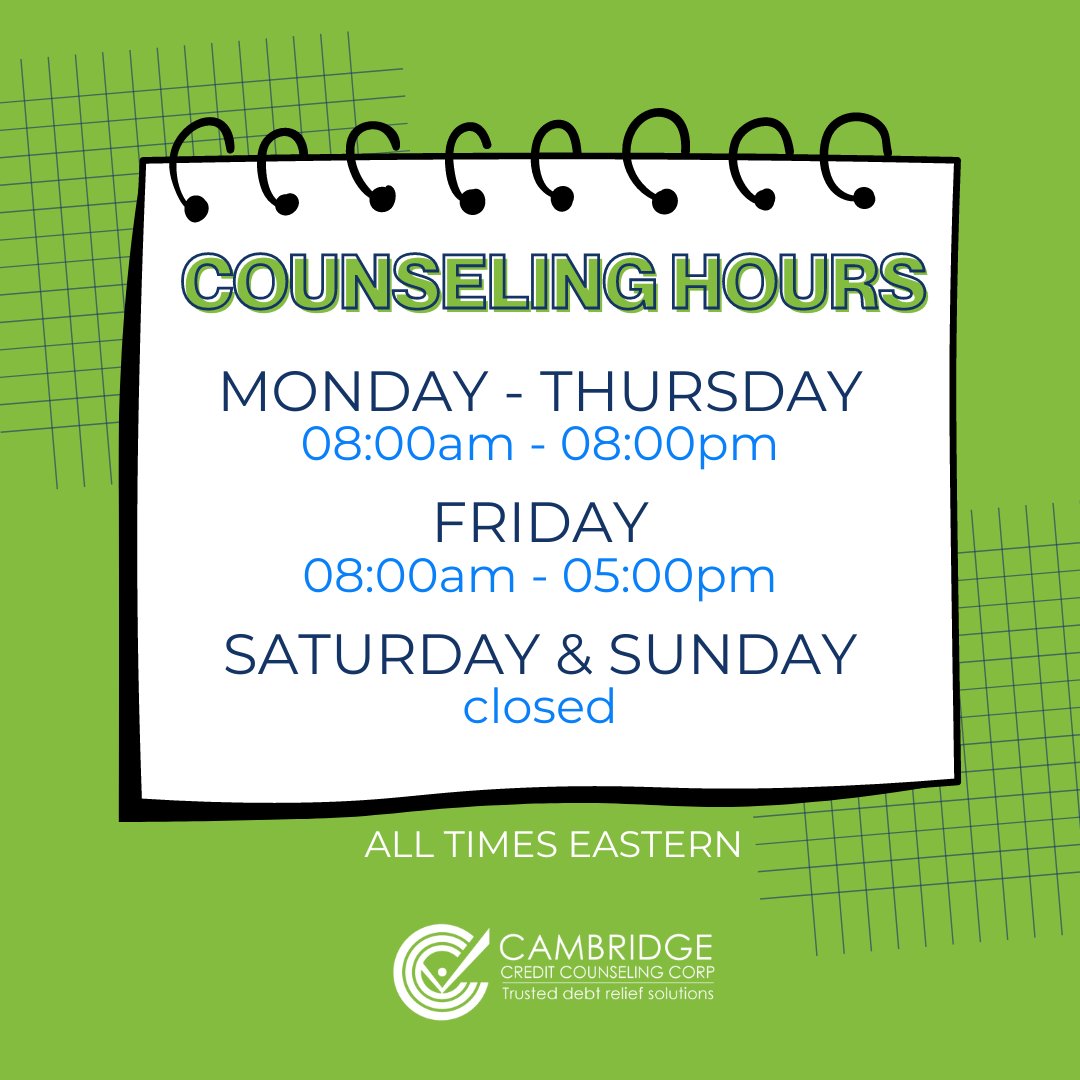 CambridgeCredit's tweet image. Check out our counseling hours. ⤵️

Monday - Thursday: 8am to 8pm
Friday: 8am to 5pm
Saturday &amp;amp; Sunday: closed

Call us today at 855-569-6710 for a FREE consultation!

*all times Eastern

#DebtConsolidation #DebtSucks #CreditCounseling