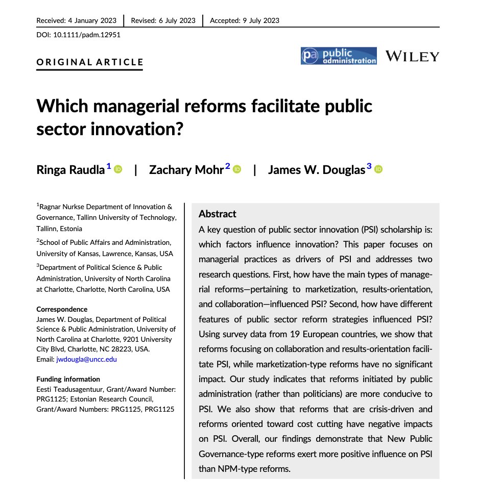 PA Journal (@journal_pa) on Twitter photo Which factors influence public sector innovation?
Find out in another article from 102(2): "Which managerial reforms facilitate public sector innovation?" by <a href="/RingaRaudla/">Ringa Raudla</a>, Zachary Mohr & James W. Douglas.
onlinelibrary.wiley.com/doi/10.1111/pa… Which factors influence public sector innovation?
Find out in another article from 102(2): "Which managerial reforms facilitate public sector innovation?" by <a href="/RingaRaudla/">Ringa Raudla</a>, Zachary Mohr & James W. Douglas.
onlinelibrary.wiley.com/doi/10.1111/pa…