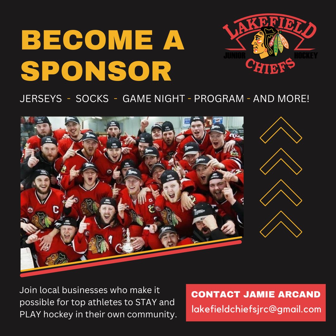 Lakefield Chiefs (@chiefs_jrc) on Twitter photo Interested in supporting your local JR. C hockey team and community? Become part of the Lakefield Chiefs hockey community this season when you sign up as a sponsor. Let us know how we can work together!
E-mail Jamie at lakefieldchiefsjrc@gmail.com. Interested in supporting your local JR. C hockey team and community? Become part of the Lakefield Chiefs hockey community this season when you sign up as a sponsor. Let us know how we can work together!
E-mail Jamie at lakefieldchiefsjrc@gmail.com.