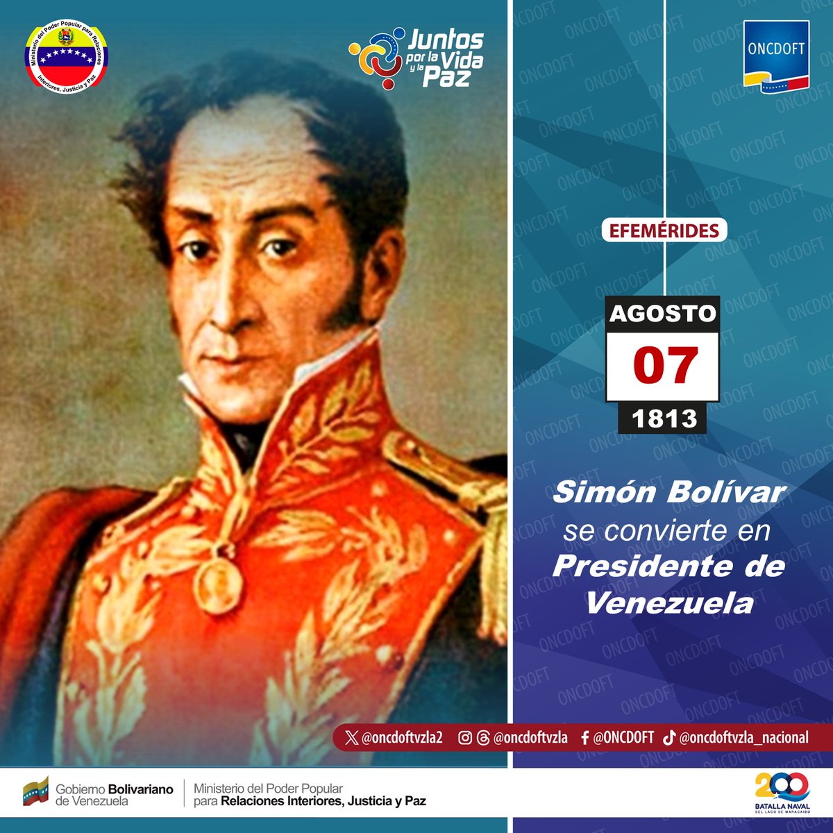 oncdoftvzla2's tweet photo. Efemérides 📷Tal día como hoy, #07Ago de 1813 el Libertador Simón Bolívar se convierte en Presidente de Venezuela. Ejerció siempre con el firme propósito de garantizar la independencia de la Patria para liberarla del yugo español.
#mpprijp
#fuerzadinámica
#oncdoftvzla https://t.co/5n7oBNUzv6