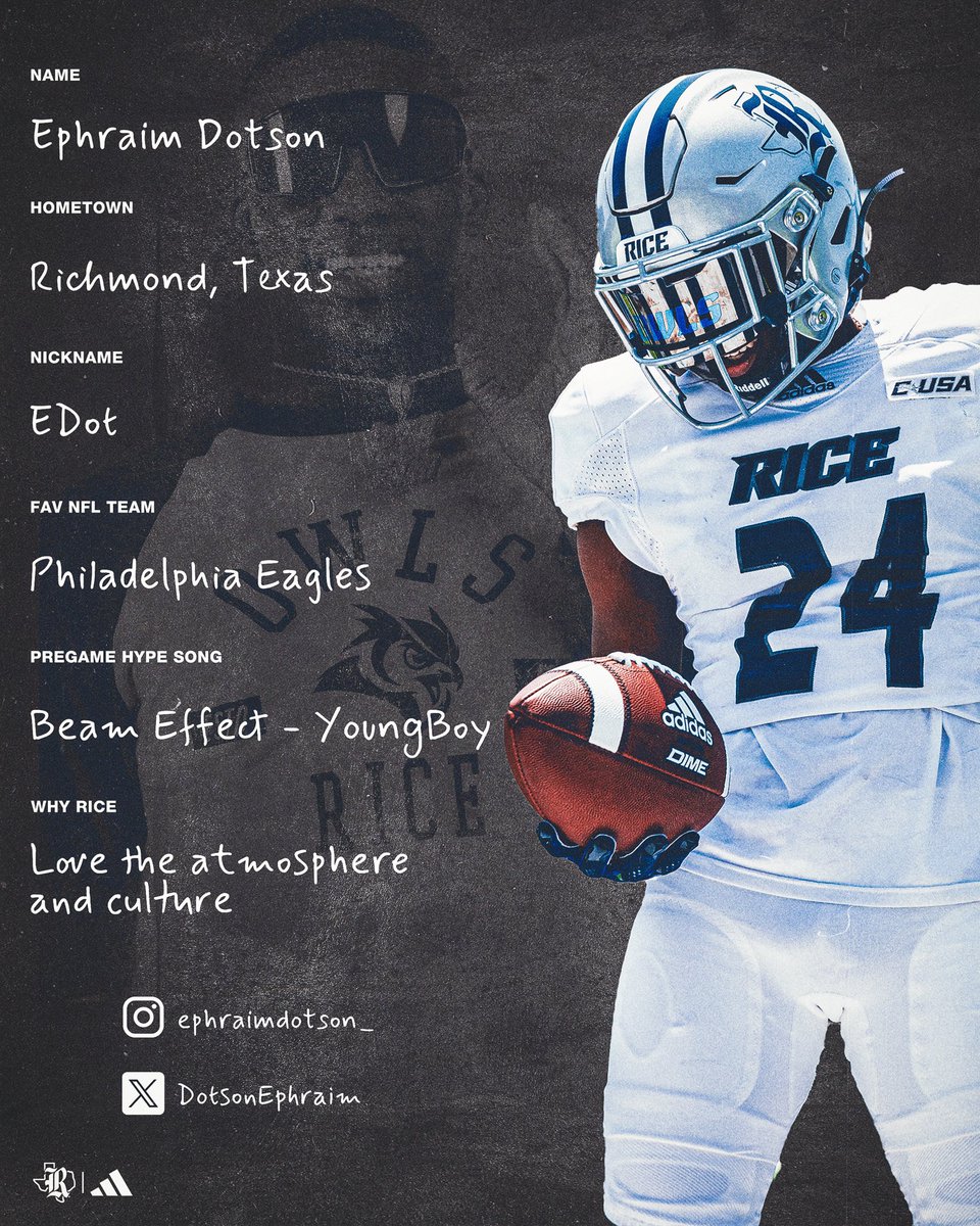 Rice Football (@ricefootball) on Twitter photo ๐๐ฅ๐๐ฆ๐ ๐๐๐๐๐ฆ ๐
Meet Freshman Cornerback, <a href="/DotsonEphraim/">EPHRAIM DOTSON _2024</a> ๐
Give him a Follow on his Socials ๐ฑ
#GoOwls๐ x #RFND ๐๐ฅ๐๐ฆ๐ ๐๐๐๐๐ฆ ๐
Meet Freshman Cornerback, <a href="/DotsonEphraim/">EPHRAIM DOTSON _2024</a> ๐
Give him a Follow on his Socials ๐ฑ
#GoOwls๐ x #RFND