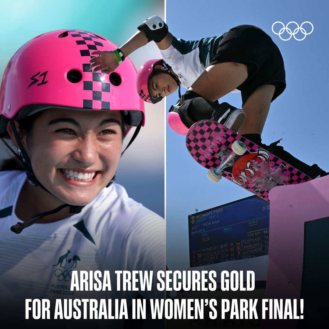 It's Trew! Arisa takes gold, making her the youngest medallist at Paris 2024 at just 14 years old! 🛹

It's also the first medal for Australia in women's park! 🇦🇺

#Olympics #Paris2024