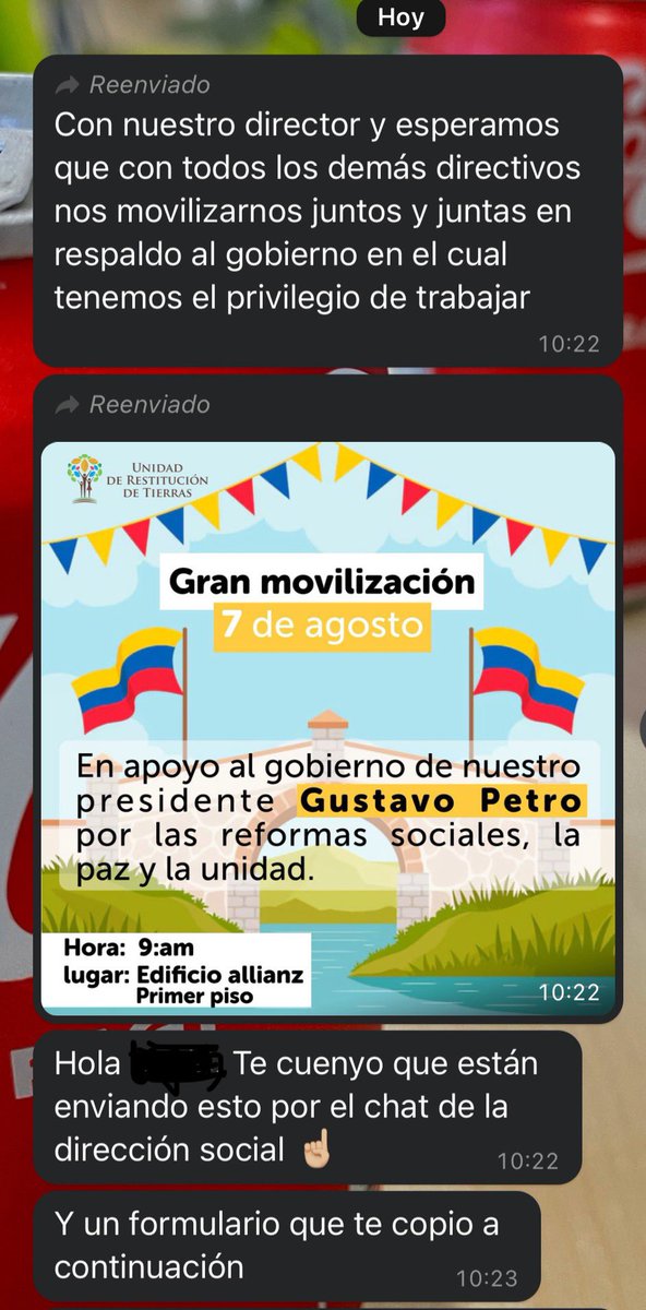 SintraURT's tweet photo. Como es posible que en la @URestitucion se esté “obligando” a funcionarios y contratistas a que participen en evento pro gobierno. Mañana es un día patrio se conmemora La Batalla de Boyacá. Y para colmo los hacen llenar un formulario para comprobar su participación. 1/2 https://t.co/7KzDHZ2xZi
