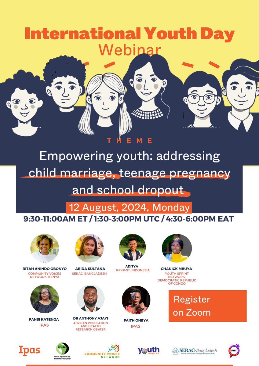 Please join us on #InternationalYouthDay, Monday 8/12, as we discuss the interconnected issues of child marriage, teenage pregnancy and school dropout (often referred to as the ‘CTS nexus’). Register here: bit.ly/4d940HO