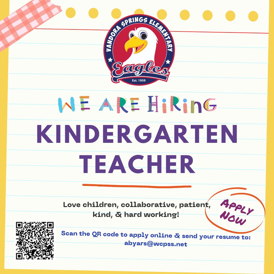 Share the word and help us find the perfect addition to our Kindergarten Team! We did fill our 2nd grade position (thank you for your help!)
<a href="/MrsRCurtis/">Rhonda Curtis</a>
<a href="/ambbyars/">Ashley Byars</a>
<a href="/SEasternArea/">WCPSS Southeastern Area</a>