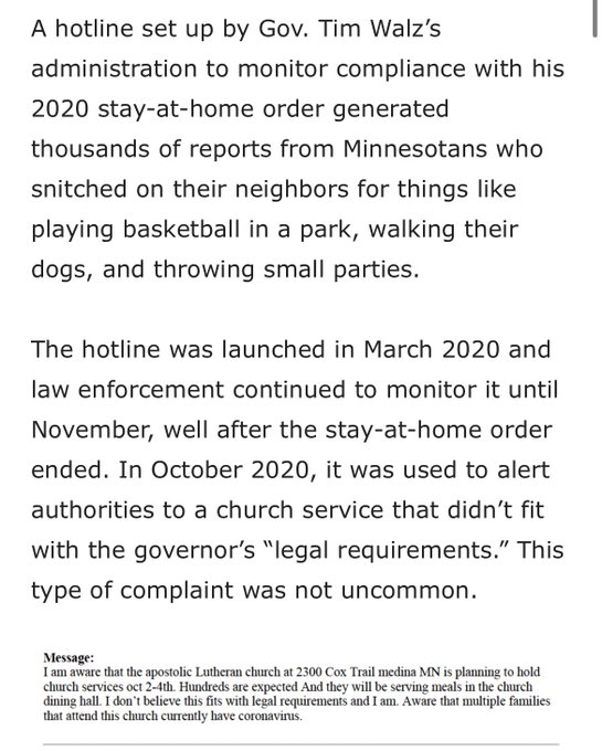 WallStreetMav's tweet photo. Kamala's VP pick, Governor Tim Walz setup a Covid snitch hotline for Minnesotans to report their neighbors who ignored COVID lockdown orders https://t.co/NAx1YreE7T