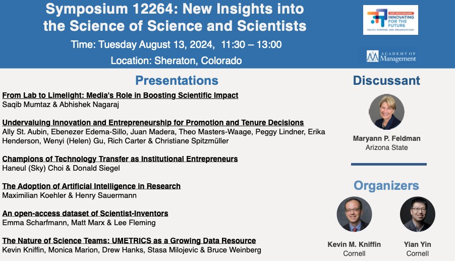 Thrilled to co-organize the 2nd symposium "New Insights into the Science of Science and Scientists" , w <a href="/KevinKniffin/">Kevin Kniffin</a> #AOM2024

Join us on next Tue 11.30am (Sheraton, Colorado) to enjoy many exciting new results and datasets in #ScienceofScience. Discussant <a href="/maryann_feldman/">Maryann Feldman</a>