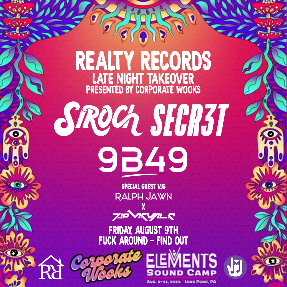 Good people of <a href="/elementsfest_/">Elements Music & Arts Festival</a> do we have some news for you! 

We’re taking over the <a href="/corporatewooks/">Corporate Wooks</a> stage in the Vibe Village Friday Night

<a href="/sirochmusic/">Siroch (Sir-Rock)</a> <a href="/SECR3TSOUNDS/">SECR3T</a> and 9B49 will be crushing the <a href="/AfterShockFam/">AfterShock</a> sound system 

<a href="/RalphJawn/">Ralph Jawn</a> B2B <a href="/zip_visuals/">ZiP Visuals</a> VJing

See y’all there!