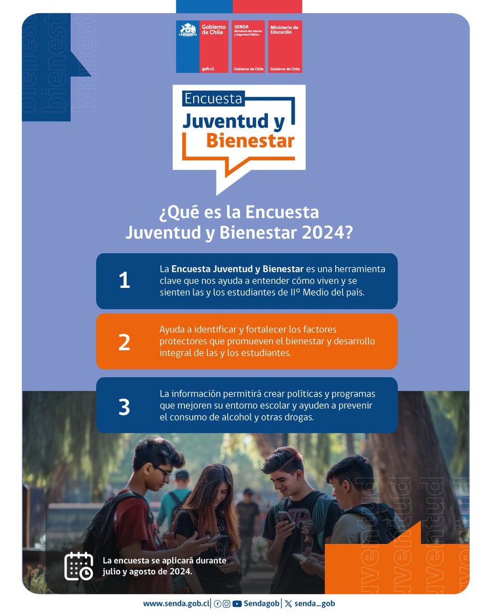 Ya comenzamos a aplicar la Encuesta Juventud y Bienestar en todos los segundos medios de la región de Los Lagos, ¿pero de qué se trata todo esto? Acá te contamos todo lo que debes saber sobre esta iniciativa.

✅ senda.gob.cl/encuesta-juven…