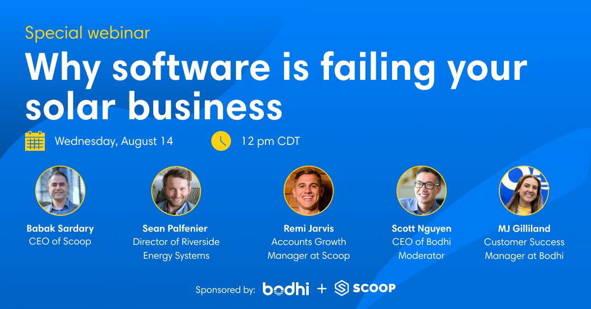 ScoopSolar's tweet photo. Okay, software isn’t REALLY failing your business.   

Join our upcoming webinar in collaboration with @bodhisolarcx, where we invited @EnergyRiverside to share why so-called “all-in-one” software don't work for solar installers.  

Register today 👉 https://t.co/KqjMTfQxsu https://t.co/ZjG6o5eRjL