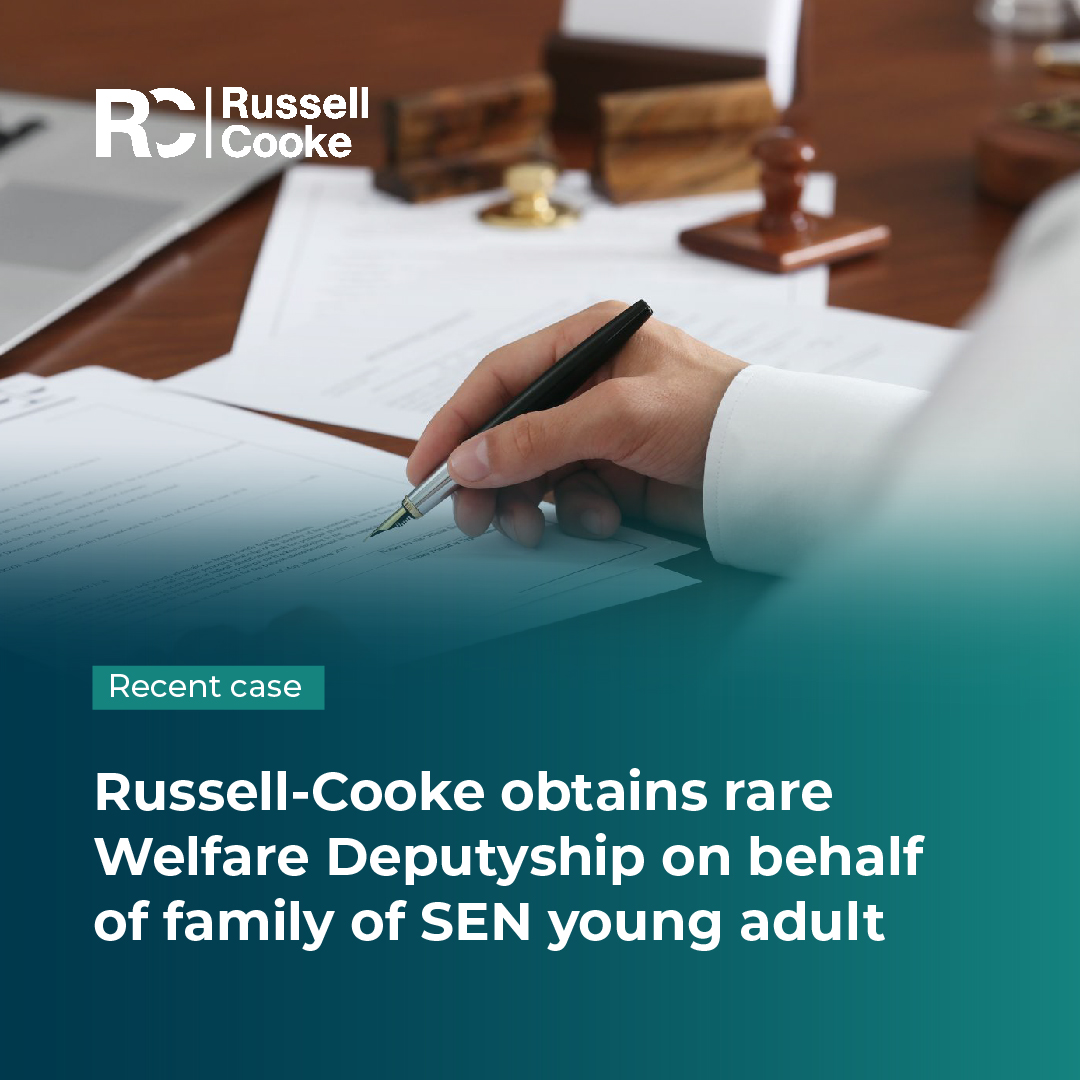 Vanessa Collins from our private client team has obtained a rare Welfare Deputyship on behalf of the family of a young adult with special educational needs (SEN).  

Learn why this outcome is particularly significant via the link below:
🔗 russell-cooke.co.uk/news-and-insig…