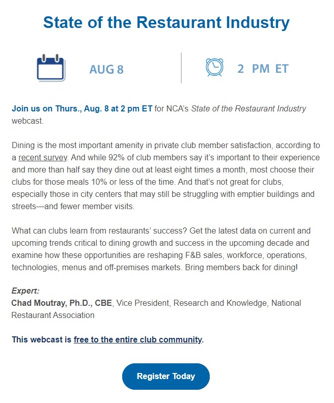 National Club Assn (@natlclubassn) on Twitter photo Join us today for the latest restaurant data and trends! Presented by Chad Moutray, VP Research and Knowledge,<a href="/WeRRestaurants/">National Restaurant Association</a>. This webcast is free for everyone! memberportal.nationalclub.org/events/EventDe… Join us today for the latest restaurant data and trends! Presented by Chad Moutray, VP Research and Knowledge,<a href="/WeRRestaurants/">National Restaurant Association</a>. This webcast is free for everyone! memberportal.nationalclub.org/events/EventDe…