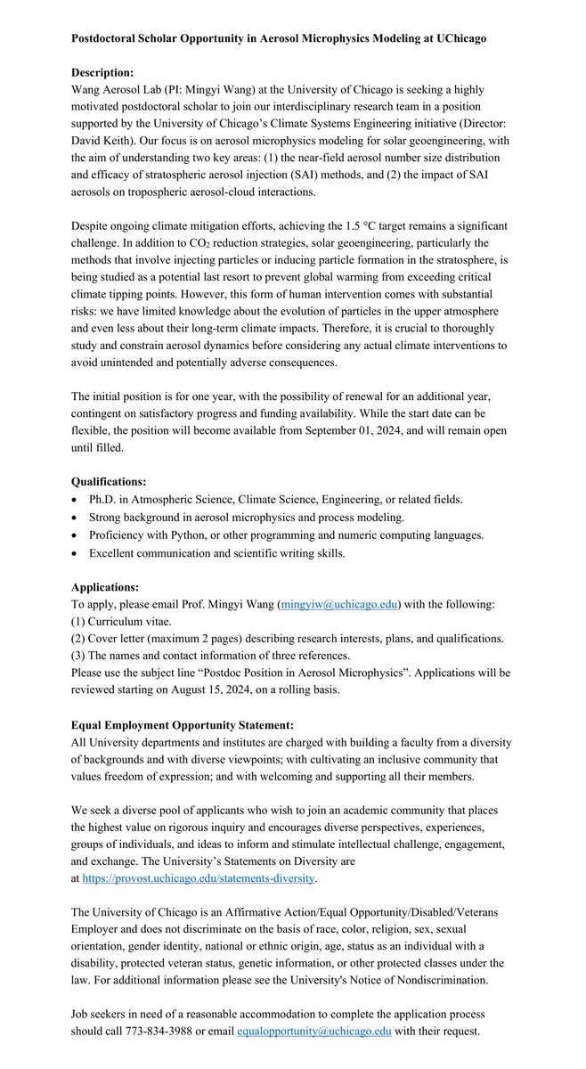 Mingyi Wang (@_mingyi_wang_) on Twitter photo Job Alert! We seek a postdoc to join our team <a href="/GeoSci_UChicago/">UChicago GeoSci</a>, supported by the Climate Systems Engineering Initiative (Dir: <a href="/DKeithClimate/">David Keith</a>). The research will focus on aerosol microphysics modeling for solar geoengineering. Please RT <a href="/AtmChemAeroJobs/">Jobs in Atmos. Chem. & Aerosols - Now on Bluesky</a> <a href="/earth_jobs/">Earth and Environmental Science Faculty Jobs</a> <a href="/Research_Jobss/">Research Jobs in Earth/Environmental Sciences</a> Job Alert! We seek a postdoc to join our team <a href="/GeoSci_UChicago/">UChicago GeoSci</a>, supported by the Climate Systems Engineering Initiative (Dir: <a href="/DKeithClimate/">David Keith</a>). The research will focus on aerosol microphysics modeling for solar geoengineering. Please RT <a href="/AtmChemAeroJobs/">Jobs in Atmos. Chem. & Aerosols - Now on Bluesky</a> <a href="/earth_jobs/">Earth and Environmental Science Faculty Jobs</a> <a href="/Research_Jobss/">Research Jobs in Earth/Environmental Sciences</a>