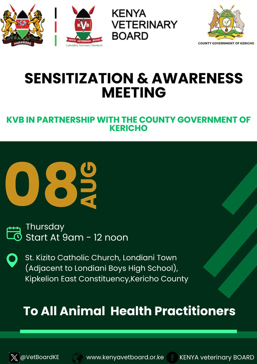 VetBoardKE's tweet image. #UpholdingVeterinaryStandards 
KVB will be holding a sensitization and awareness meeting to all animal health practitioners in Kericho County to ensure compliance with the provisions of the VSVP Act 2011 and its attendant Regulations.
#Sensitization #Awareness
