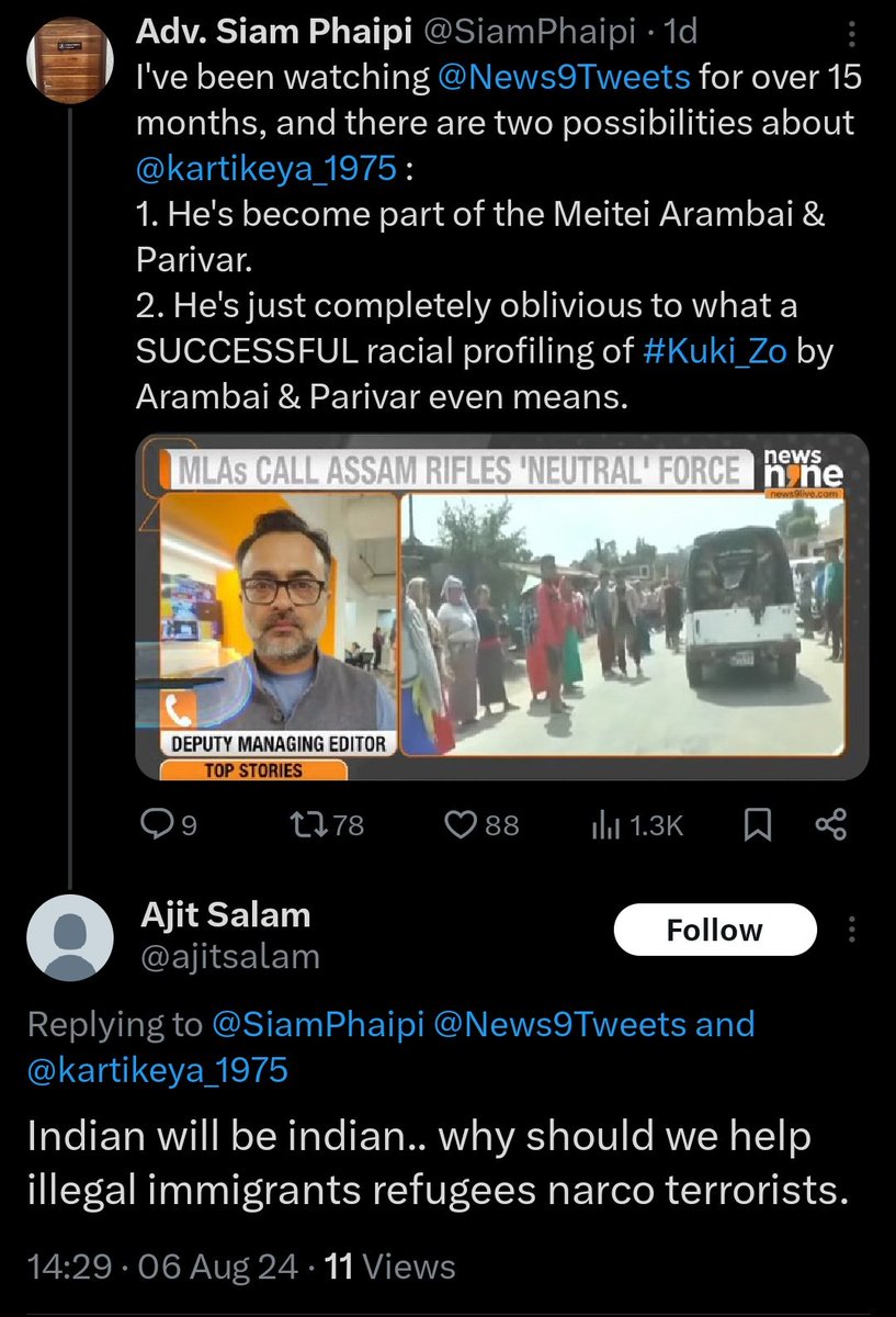 Hello <a href="/kartikeya_1975/">Kartikeya Sharma</a>, just in case you're still oblivious to what RACISM and RACIAL PROFILING is. 

And if you're still wondering why we #Kuki_Zo are offended when such terms are used even because the RACIAL PROFILING is a GREAT success !

<a href="/News9Tweets/">News9</a> <a href="/brijeshpandey27/">Brijesh  Pandey</a>
