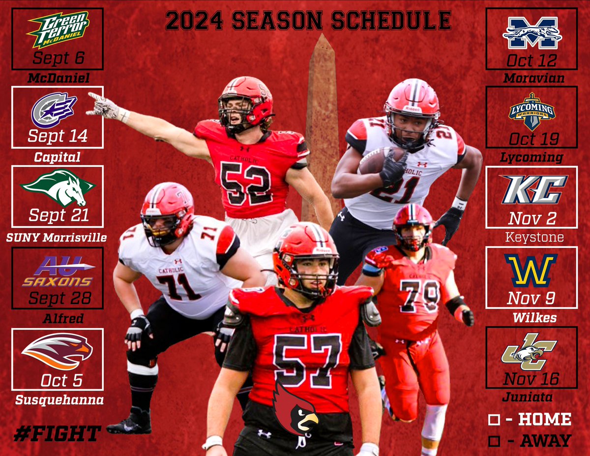 1 Week till our players report to camp to start our our season‼️

Take a look at the 2024 Catholic University Football Schedule! 🔴⚫️

#FIGHT