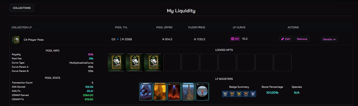 My top performing NFT liquidity pool is <a href="/CryptoCrocsClub/">Crocs Club</a> C4 Player Passes, with 102 ADA and 3394 CSWAP earned so far.

Nice to see people taking advantage of the cswap.market platform!
