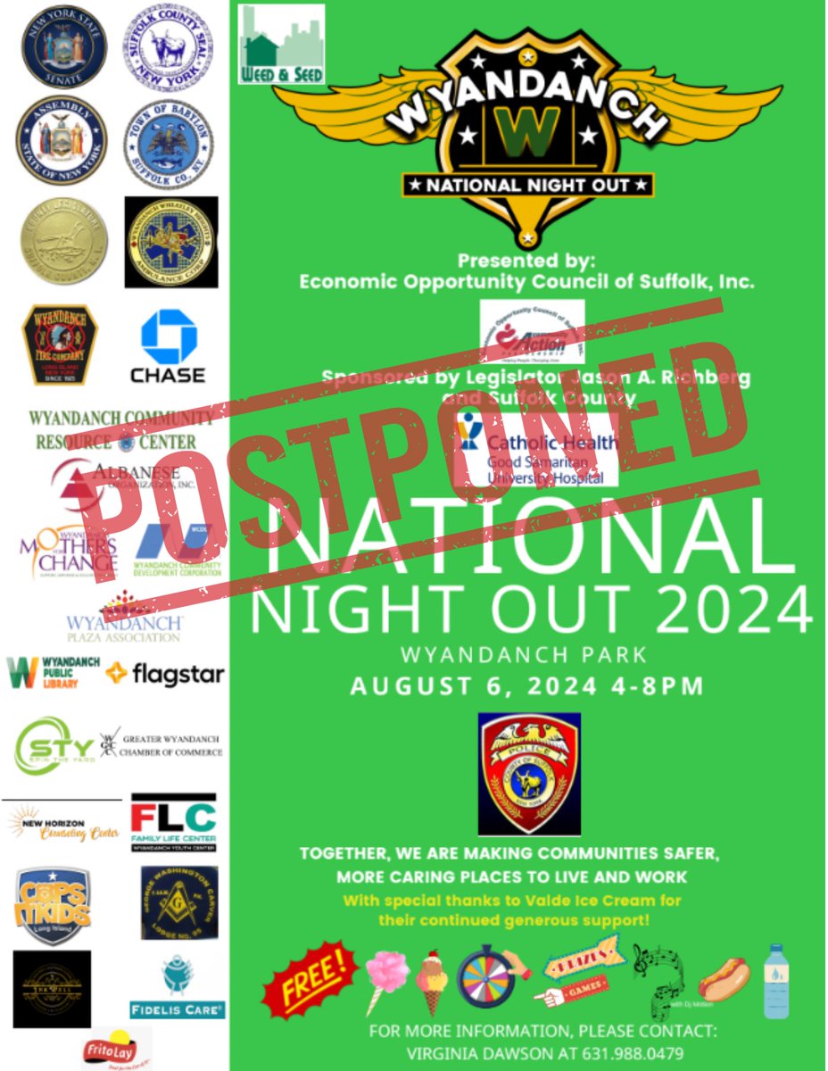 NYSSenatorMRM's tweet photo. ⚠️ Due to the inclement weather, Wyandanch National Night Out and Suffolk County 3rd Precinct National Night Out have been postponed for a later date. We will be sure to post updated dates as soon as our office receives them. https://t.co/tHFBfCZAxA