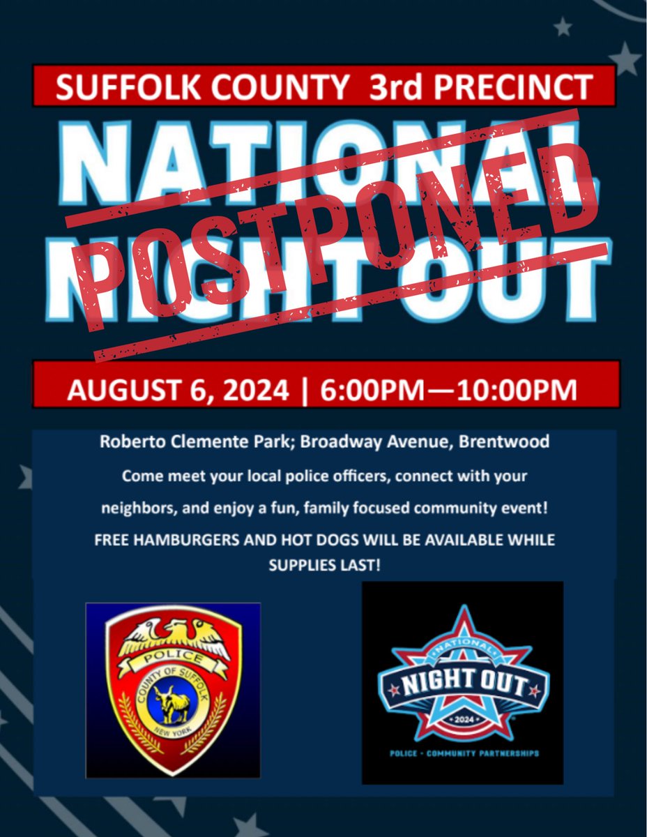 NYSSenatorMRM's tweet photo. ⚠️ Due to the inclement weather, Wyandanch National Night Out and Suffolk County 3rd Precinct National Night Out have been postponed for a later date. We will be sure to post updated dates as soon as our office receives them. https://t.co/tHFBfCZAxA