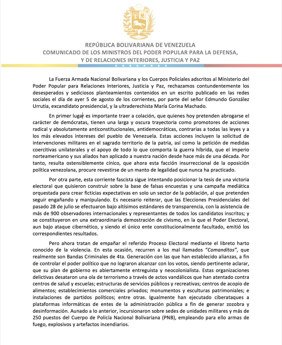 EPGOR_AB's tweet photo. #Importante 📄Comunicado Oficial por parte del ciudadano GJ Vladímir Padrino López en unión Militar-Policial, en rechazo a planteamientos apatridas difundidos por la ultraderecha venezolana. #FANB https://t.co/7mioo0TZGa