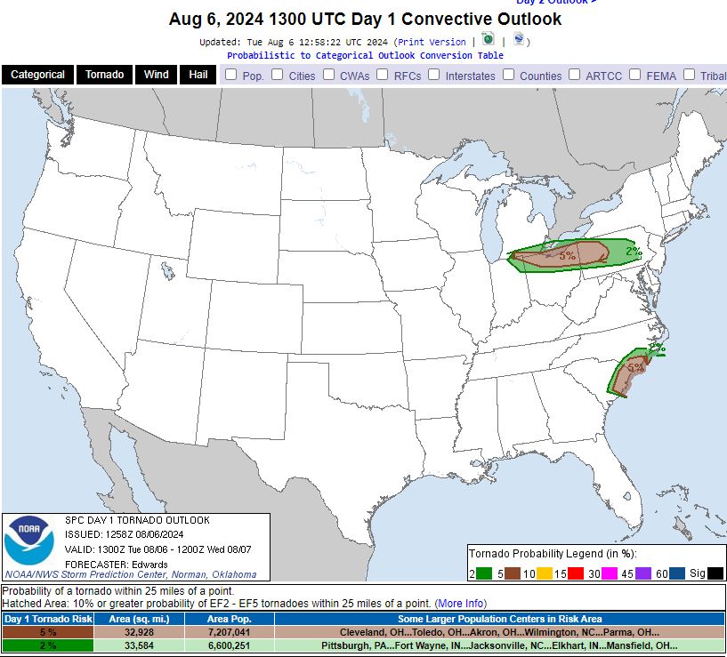 Here is NOAA's Storm Prediction Center's tornado outlook for August 6, 2024. #azwx