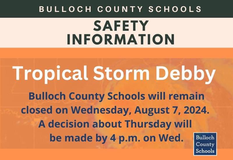 We will remain closed on Wed., Aug. 7. The condition of local roadways has made travel unsafe, especially for school buses and student drivers. Further deterioration of roadways is possible. The district will make a decision about Thurs.’s school schedule by 4 p.m. on Wed.
