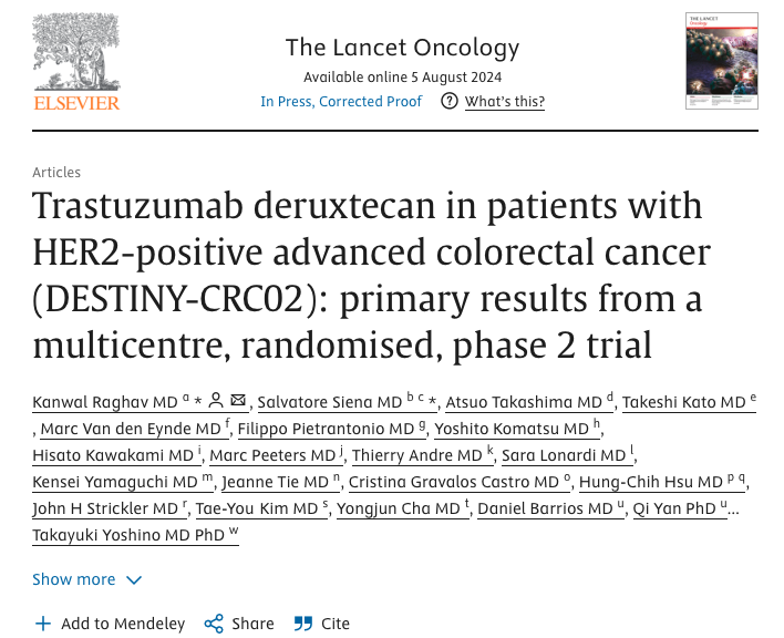 OncoAlert's tweet photo. The DESTINY-CRC02 trial
Multicenter, phase 2 study evaluating the efficacy and safety of two doses of trastuzumab deruxtecan (5.4 mg/kg and 6.4 mg/kg) in patients with pretreated HER2-positive metastatic #ColorectalCancer , including those with RAS🧬mutations.
The trial involved 122 patients across 53 hospitals globally, with participants receiving either dose every 21 days. The primary endpoint was the confirmed objective response rate, which was higher in the 5.4 mg/kg group (37.8%) compared to the 6.4 mg/kg group (27.5%). The 5.4 mg/kg dose demonstrated a more favorable safety profile, with fewer severe adverse events.
➡️The findings suggest that trastuzumab deruxtecan at 5.4 mg/kg is the optimal dose for this patient population, offering a promising treatment option with manageable safety concerns.
https://t.co/uVnm1yvHXP
@kanwal_raghav
@sara_lonardi1
@JeanneTie
@yjchamd
Pinging @OncoAlert 🚨 GI Faculty
@Aiims1742 @pashtoonkasi @CathyEngMD @marklewismd @AndresC27622123 @manjuggm @stacy_hurt @ARosen380 @KoheiShitara @GillSharlene @BenWestphalen
#OncoAlertAF
@nataliagandur @acampsmalea @MartaPerachino @heinrich_kat @BiagioRicciutMD @DenizCanGuven1
@yekeduz_emre @HHorinouchi @FadiHaddad_MD
@Dr_Ivanoncologo @Abdallah81MD @FernandoOnco
@ElisaAgostinett @dr_yakupergun @to_be_elizabeth @anmwongNZ @lungoncdoc @ADesaiMD @bavilima @realbowtiedoc