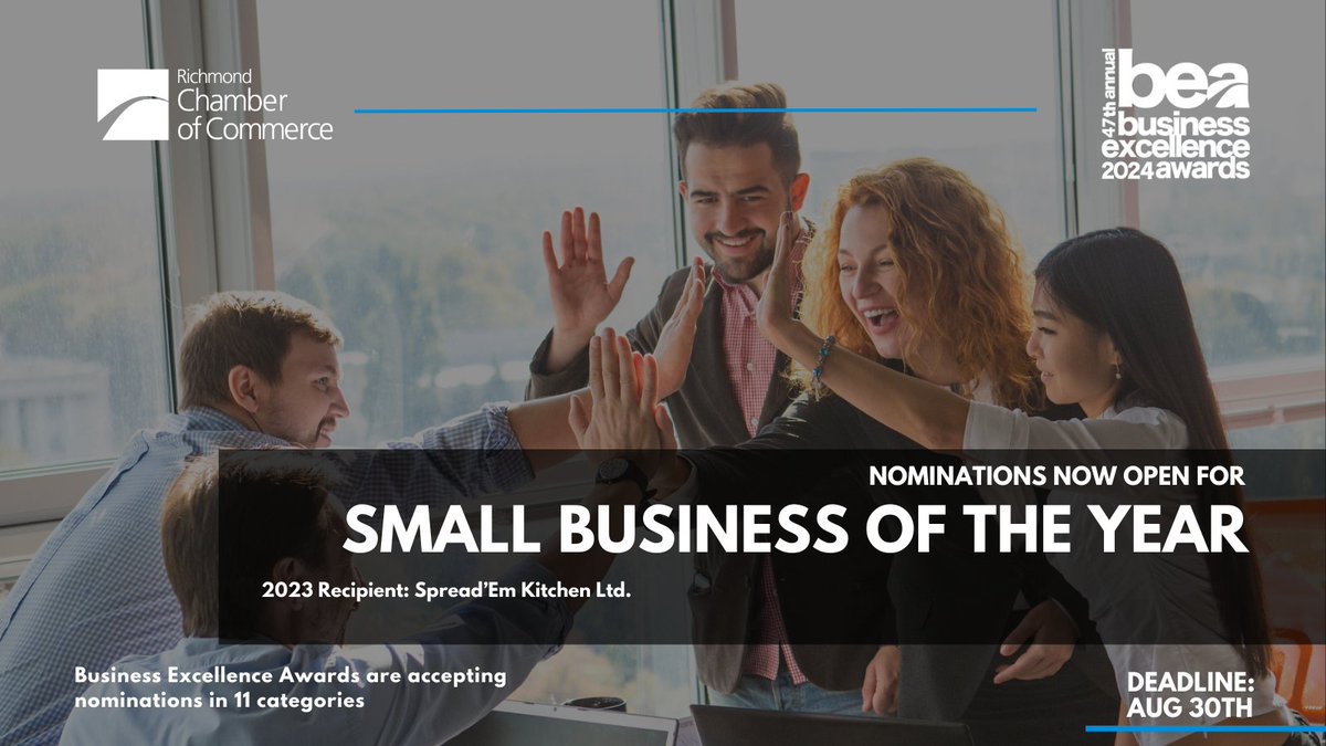 Shine a light on outstanding small businesses! Nominate organizations with 1-10 full-time employees that showcase continual growth, excellence, and leadership for the Small Business of the Year Award: richmondbea.awardify.io/nominate-now

Nominations are open for 10 other categories.
#BEA2024