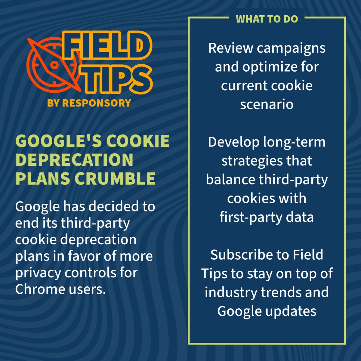 ResponsoryMKE's tweet photo. Google's cookie deprecation plans have crumbled and here's what that means for your #DigitalMarketing.
Subscribe to Field Tips for more industry news and expert insight: https://t.co/F7uQ99YeLs https://t.co/k7DcOeq9EL