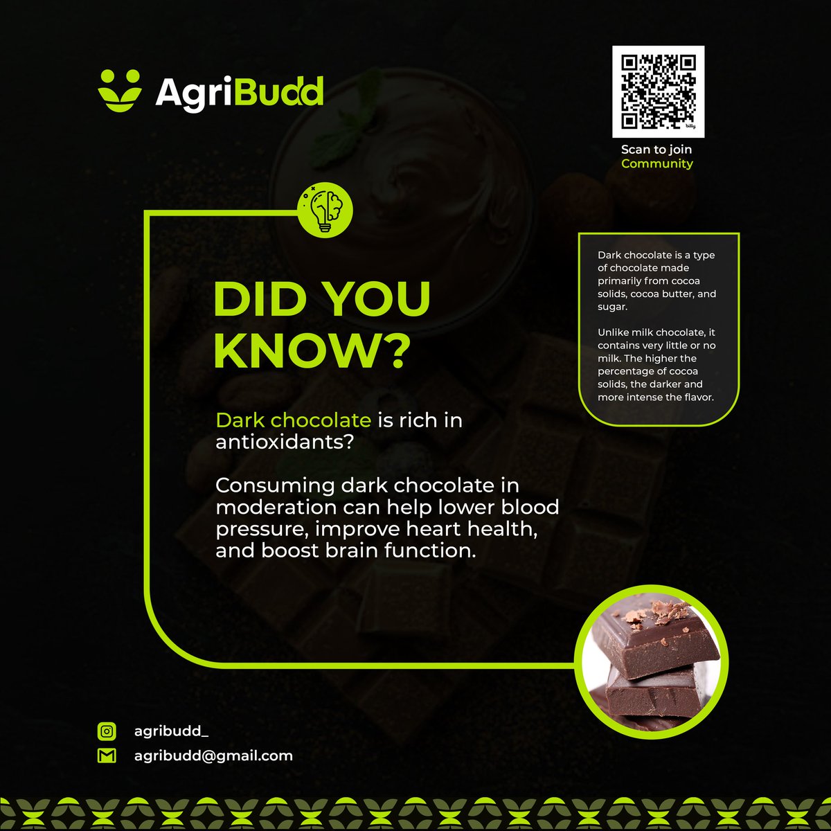AgriBudd's tweet photo. Did you know that consuming dark chocolate can help lower blood pressure, improve heart health, and boost brain function.
#agribuddiscoming
#funfacts
#agribuddfacts
#agribudd
#agribuddtotheworld
#buddingood
#innovative https://t.co/jvtIRsuel5